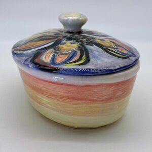 Butterfly ceramic lidded bowl | Hand-painted | By Folk Artist Virginia Kellogg